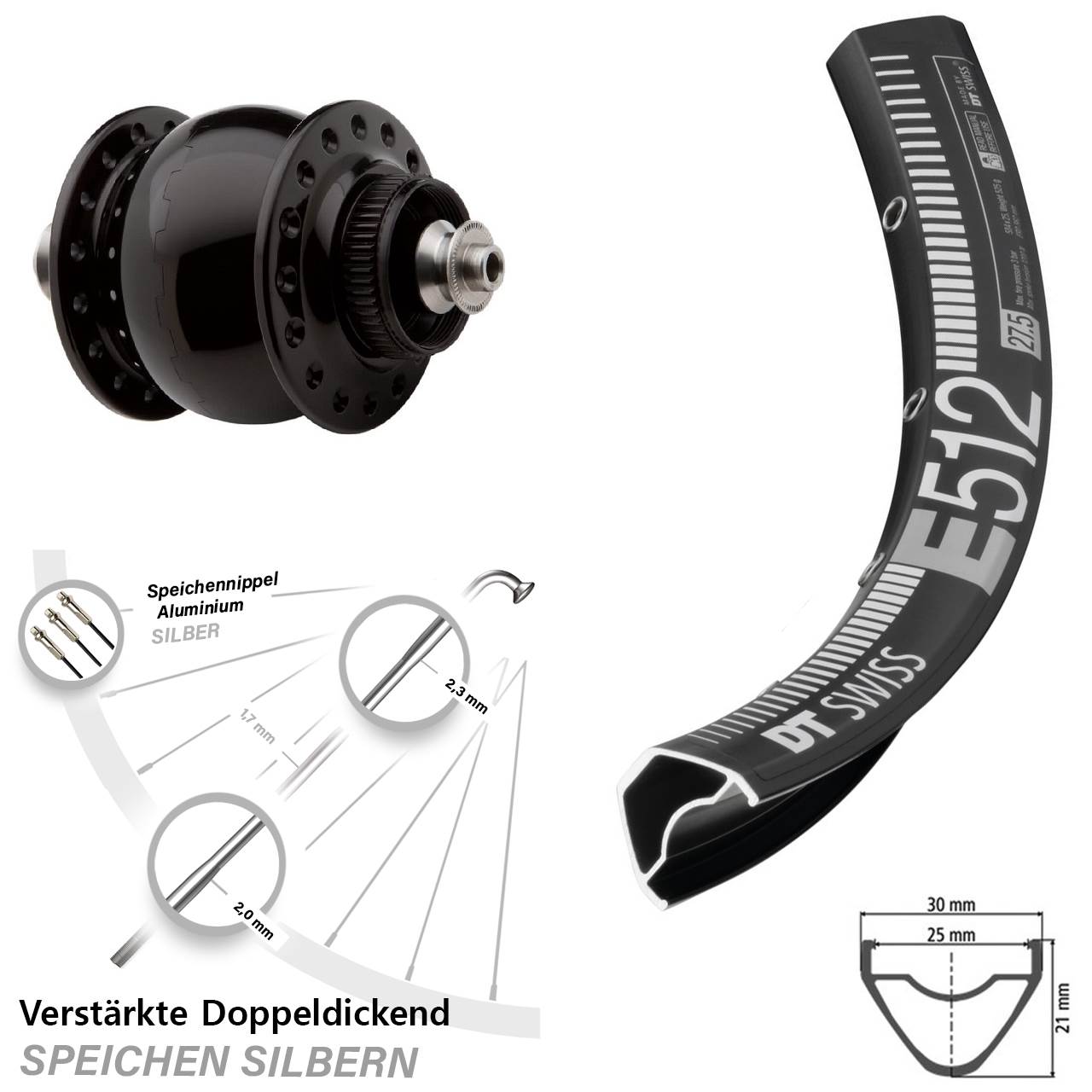 SON 28 DT Swiss E512 27,5 Zoll Nabendynamo-Vorderrad Centerlock QR