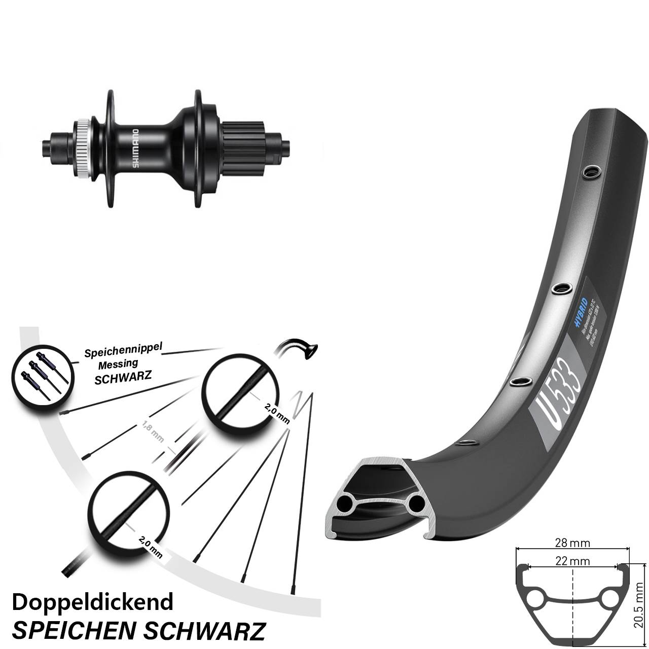 28-29 Zoll DT Swiss U533 Shimano FH-MT500 Disc Laufrad für Schnellspanner Micro Spline