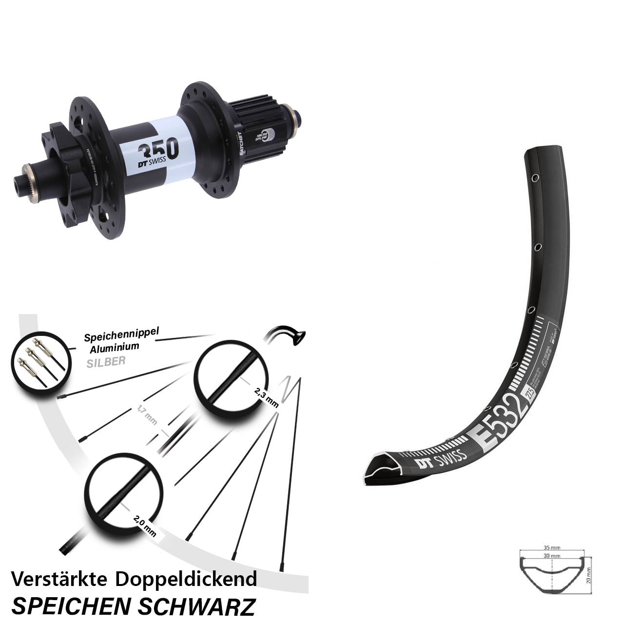 29 Zoll DT Swiss E532-350 Hinterrad für Schnellsp. Shimano Micro Spline