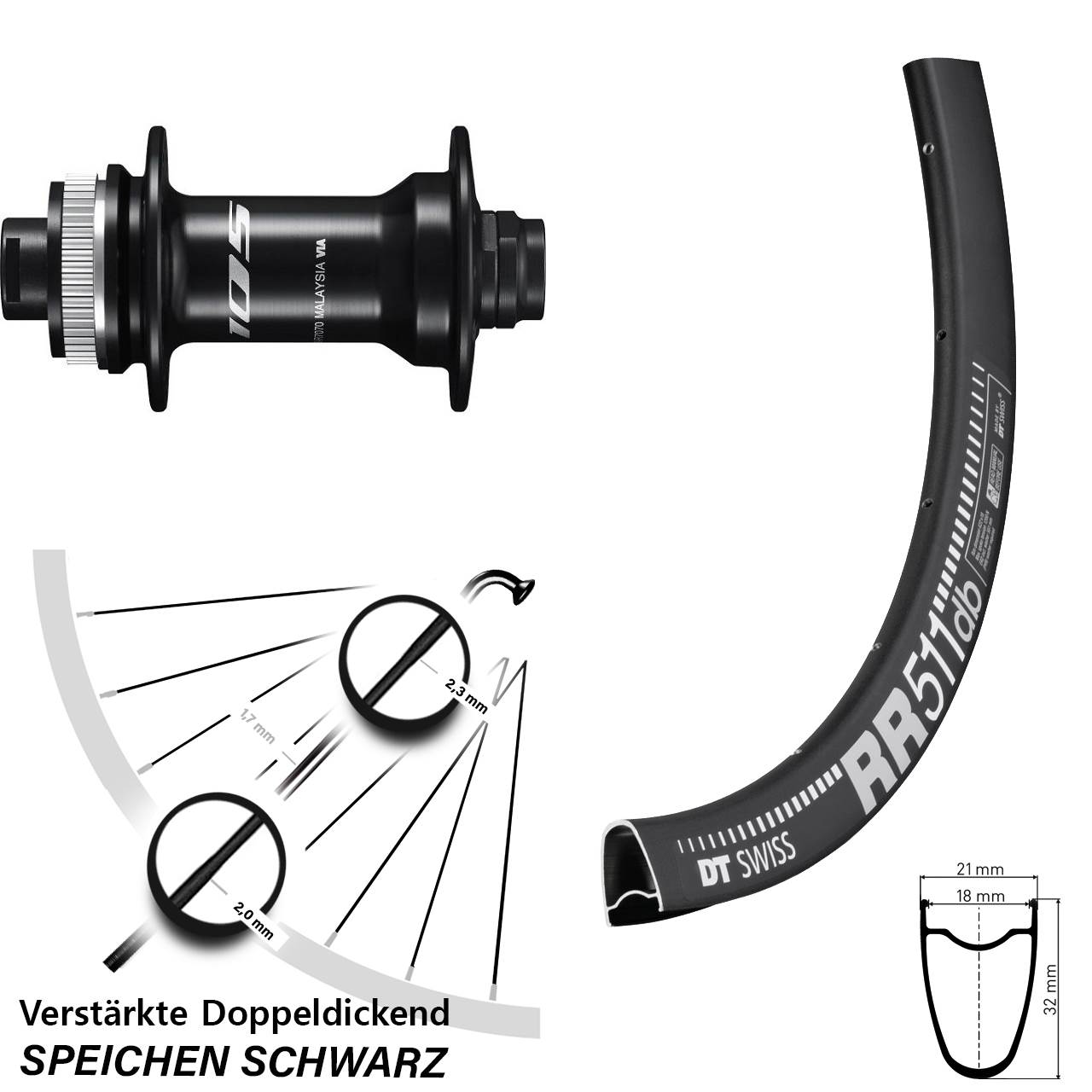 28 Zoll Vorderrad Shimano 105 HB-R7070 DT Swiss RR 511 DB für Steckachse 12x100 mm