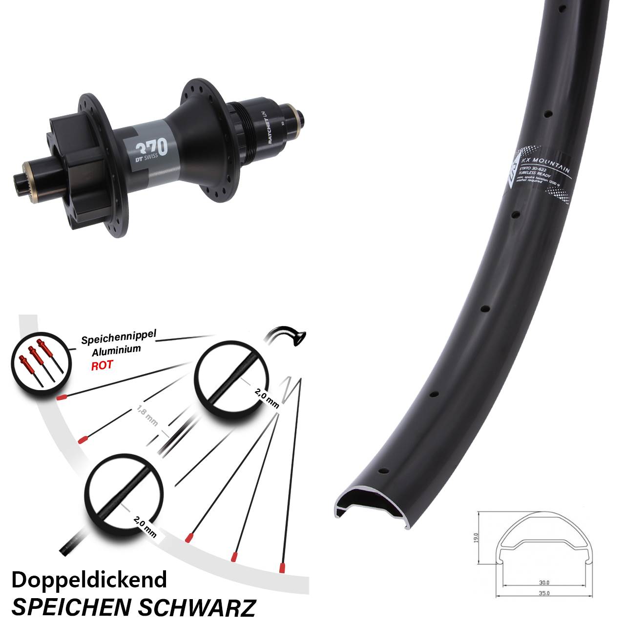 29 Zoll KX Mountain DT Swiss 370 6-Loch Hinterrad QR XD