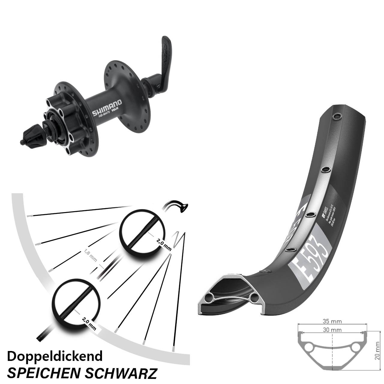 6-Loch Vorderrad 29 Zoll DT Swiss E 593 Shimano HB-M475 QR