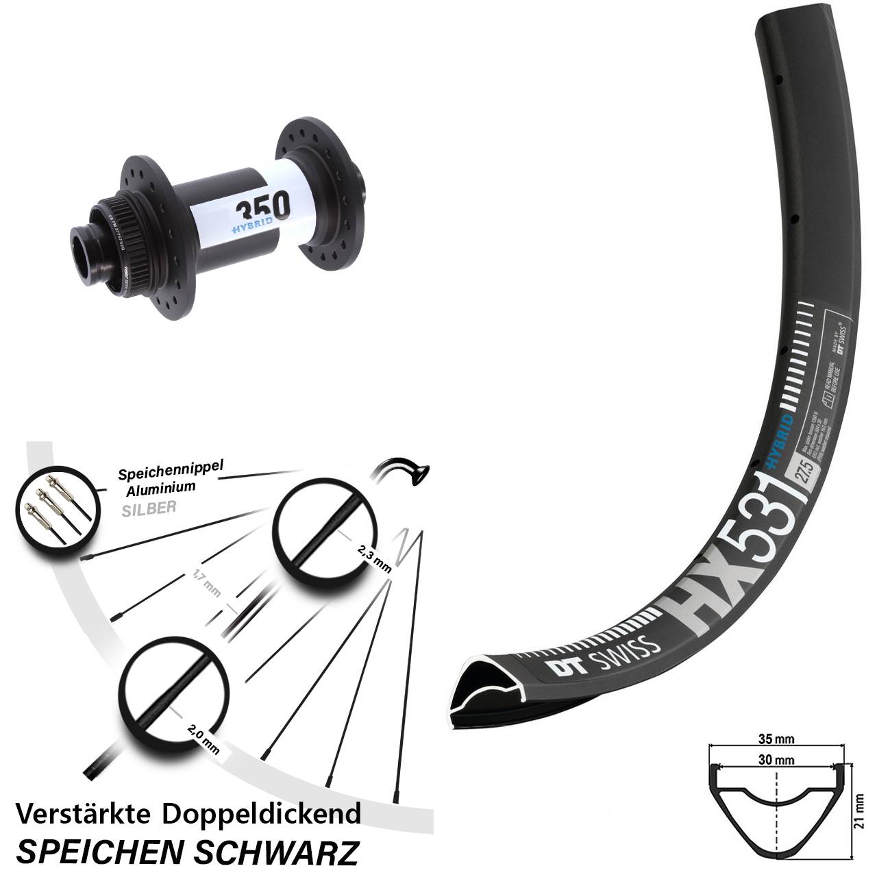 DT Swiss HX 531-350 Hybrid 27,5 Zoll Vorderrad Centerlock 15x110 Boost