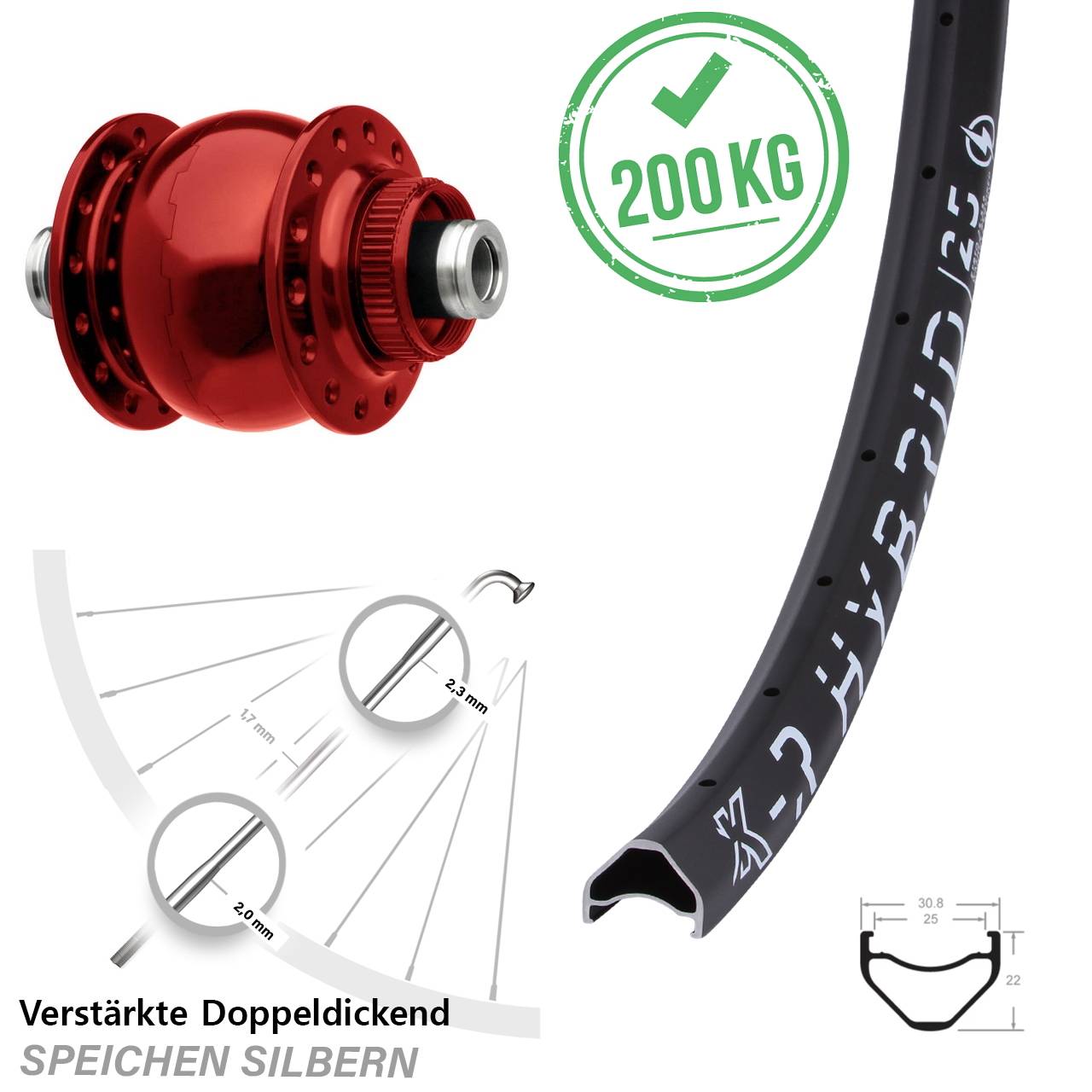 Disc Vorderrad mit Nabendynamo 12x100 29 Zoll KX-R Hybrid 25 SON 28 rot