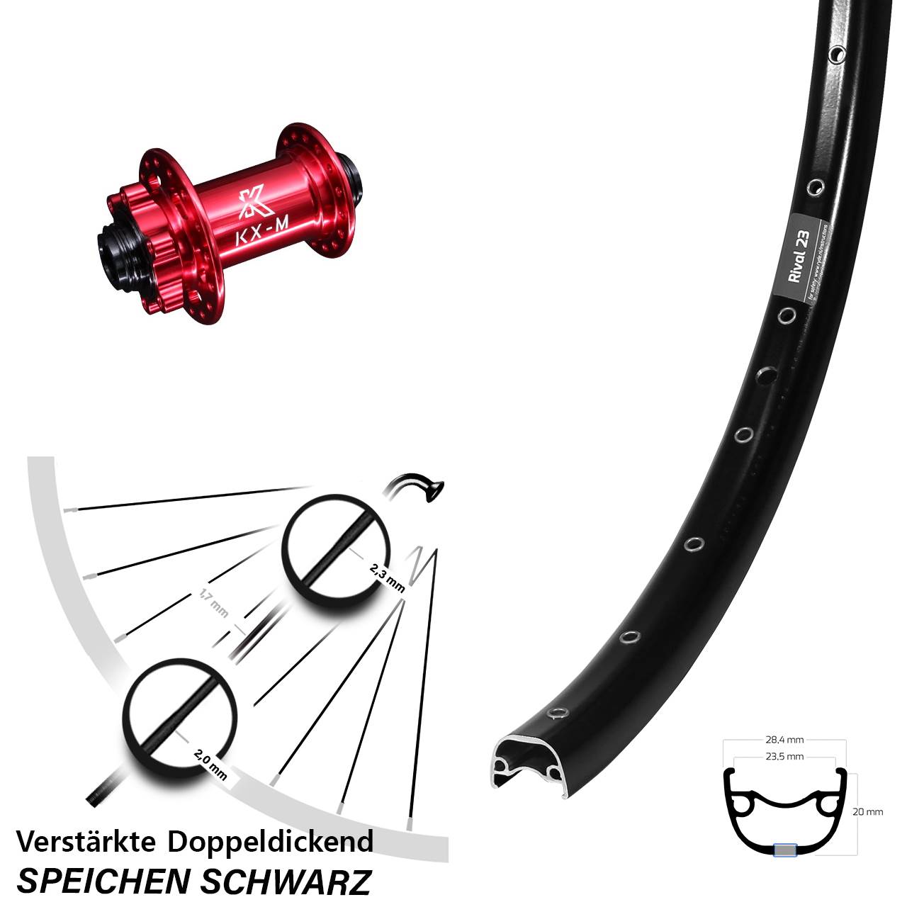 6-Loch Vorderrad 27,5 Zoll Ryde Rival 23 KX-M rot 15x100