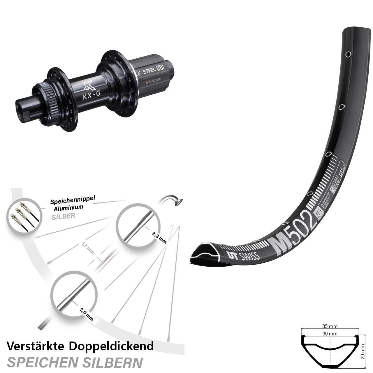 Centerlock Hinterrad 29 Zoll DT Swiss M 502 KX-GS Stahl Freilauf 8-12 fach 12x142