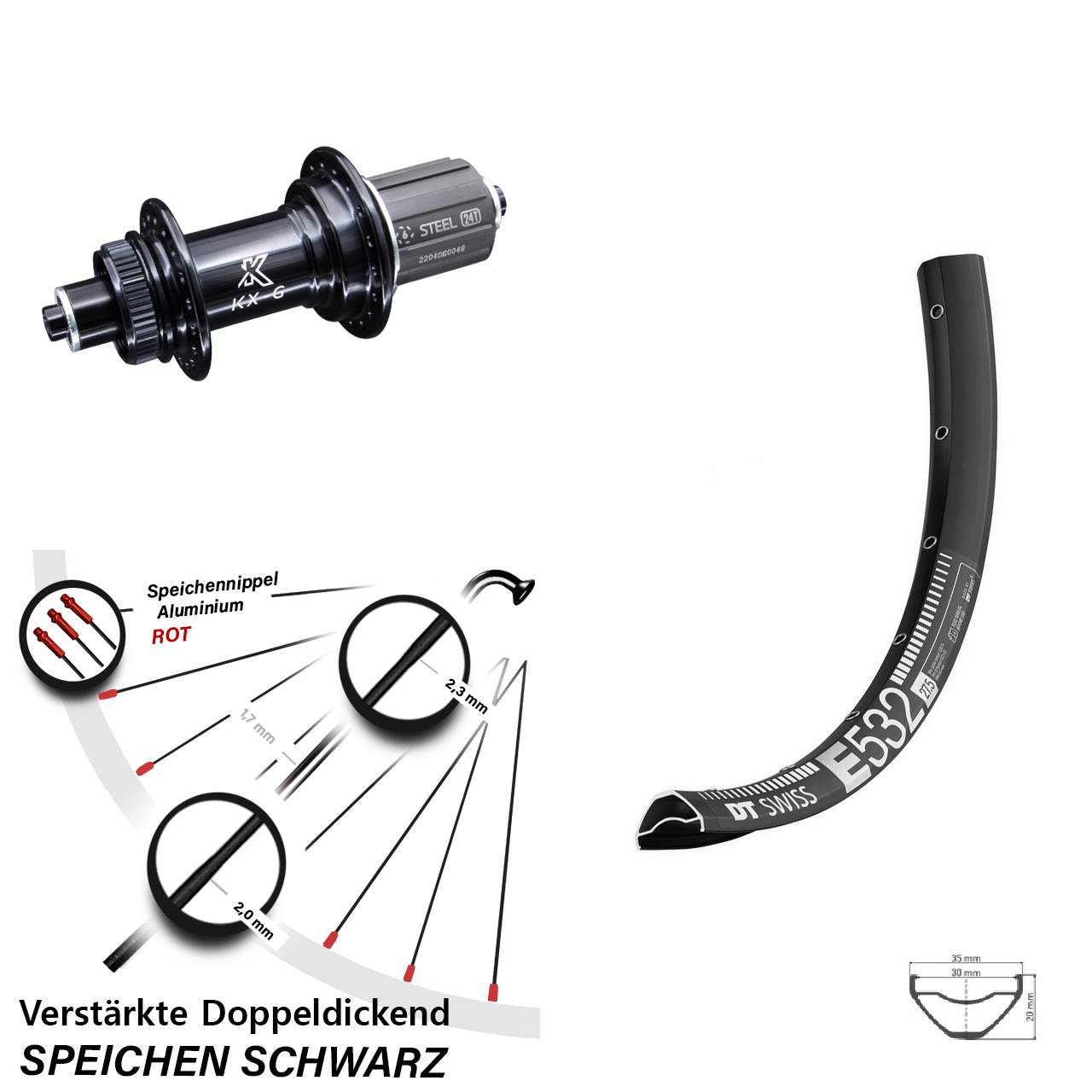 Disc Hinterrad 27,5 Zoll DT Swiss E532 KX-GS verstärkt 8-12 fach für Schnellspanner