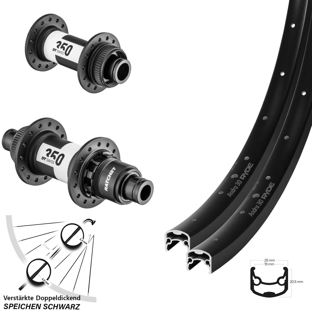 Disc Laufradsatz 29 Zoll Ryde Andra 30 DT Swiss 350 XD 11-12 fach 15x100 12x142