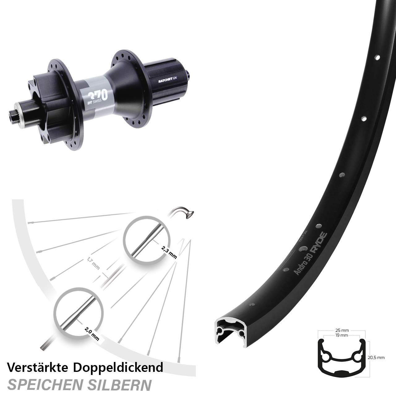 6-Loch Hinterrad QR 29 Zoll Ryde Andra 30 Disc DT Swiss 370 8-11 fach HG