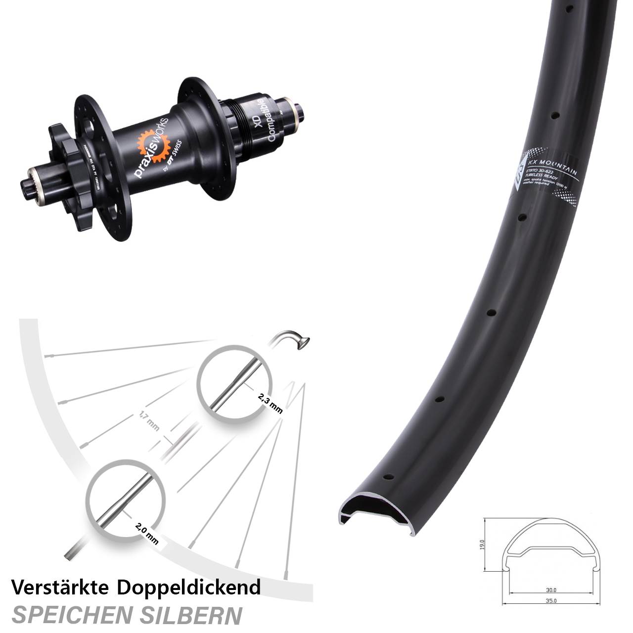 29 Zoll KX Mountain TR DT Swiss 350 6-Loch Hinterrad für Schnellspanner XD