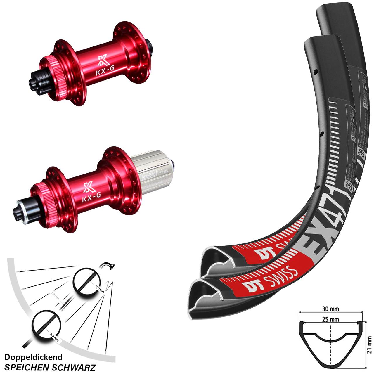 29 Zoll Laufradsatz Centerlock für Schnellspanner DT Swiss EX471 KX-G rot 8-12 fach