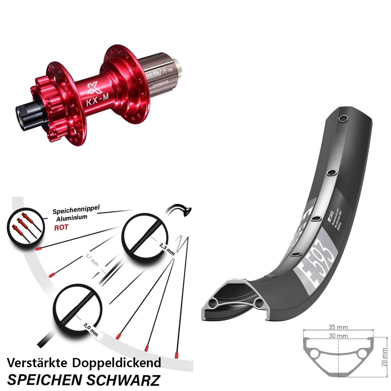 29 Zoll DT Swiss E593 KX-M rot Hinterrad 6-Loch 12x142 8-12 fach HG