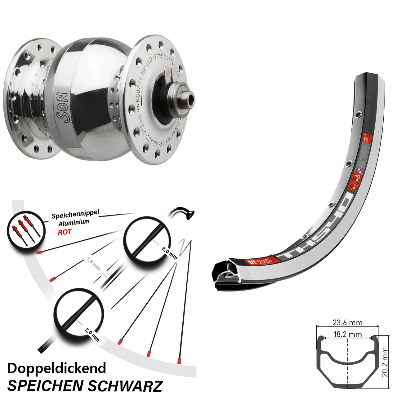 SONdelux wide body DT Swiss TK 540 28 Zoll Nabendynamovorderrad für Schnellspanner