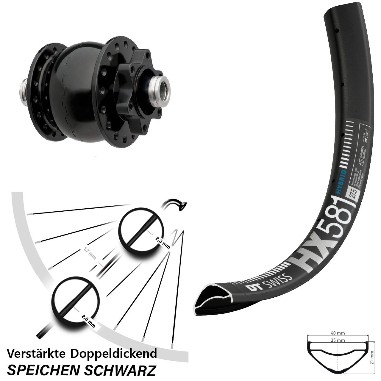 Nabendynamovorderrad 6-Loch 12x100 27,5 Zoll DT Swiss HX581 SON 28