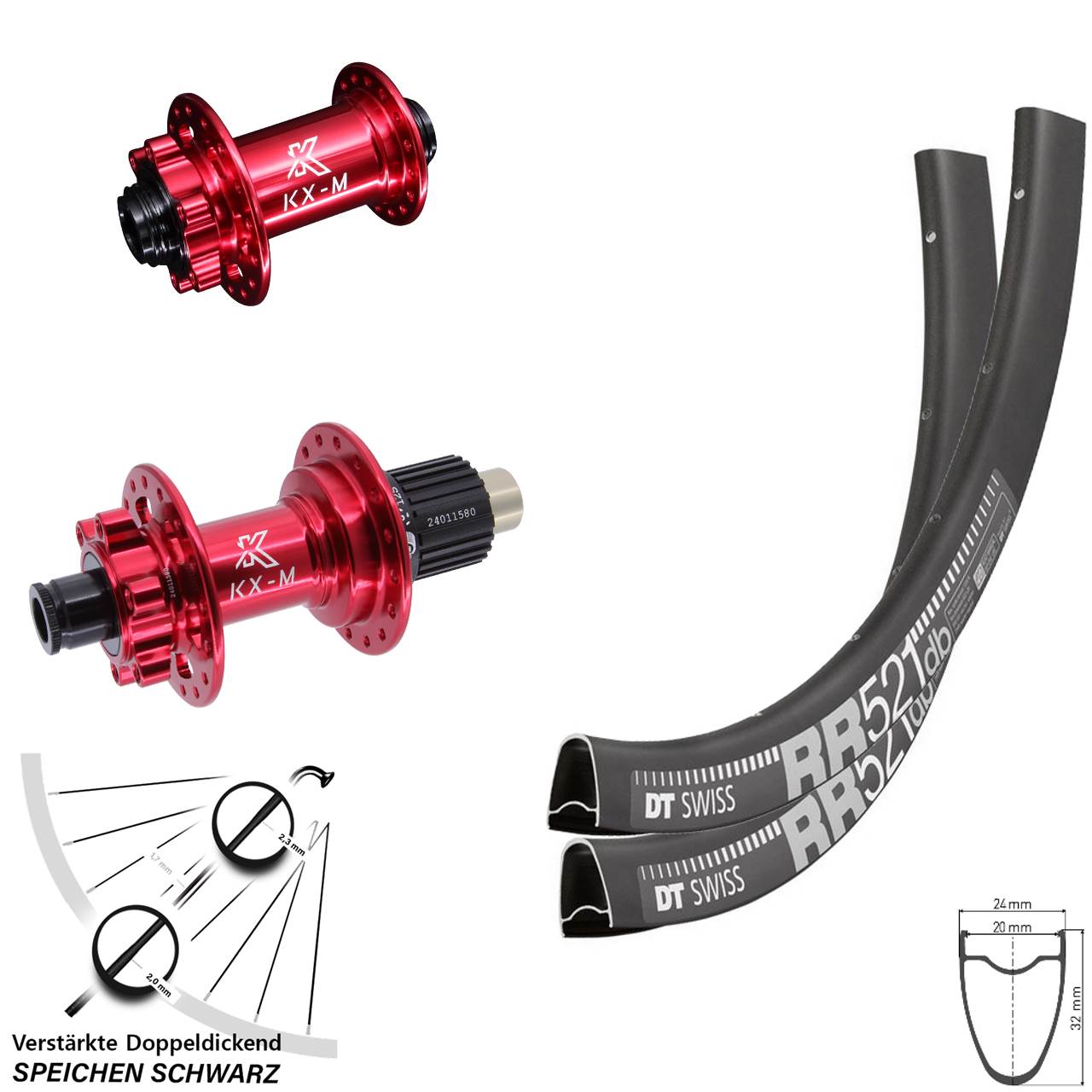 Laufradsatz 6-Loch 12x100/142 28 Zoll DT Swiss RR521 KX-M rot Micro Spline