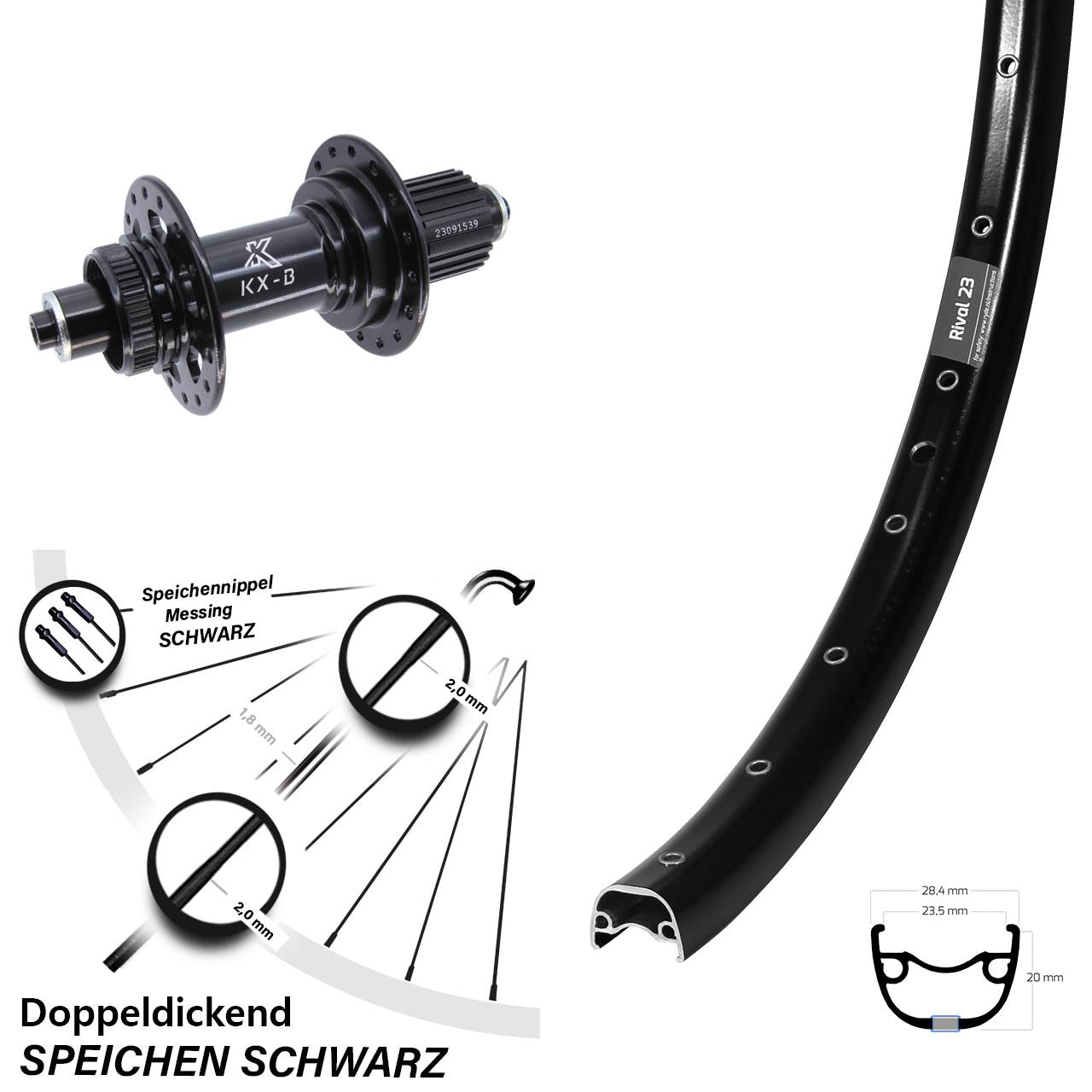 Laufrad 27,5 Zoll Ryde Rival 23 Disc schwarz KX-B Centerlock 5/141 Boost Micro Spline
