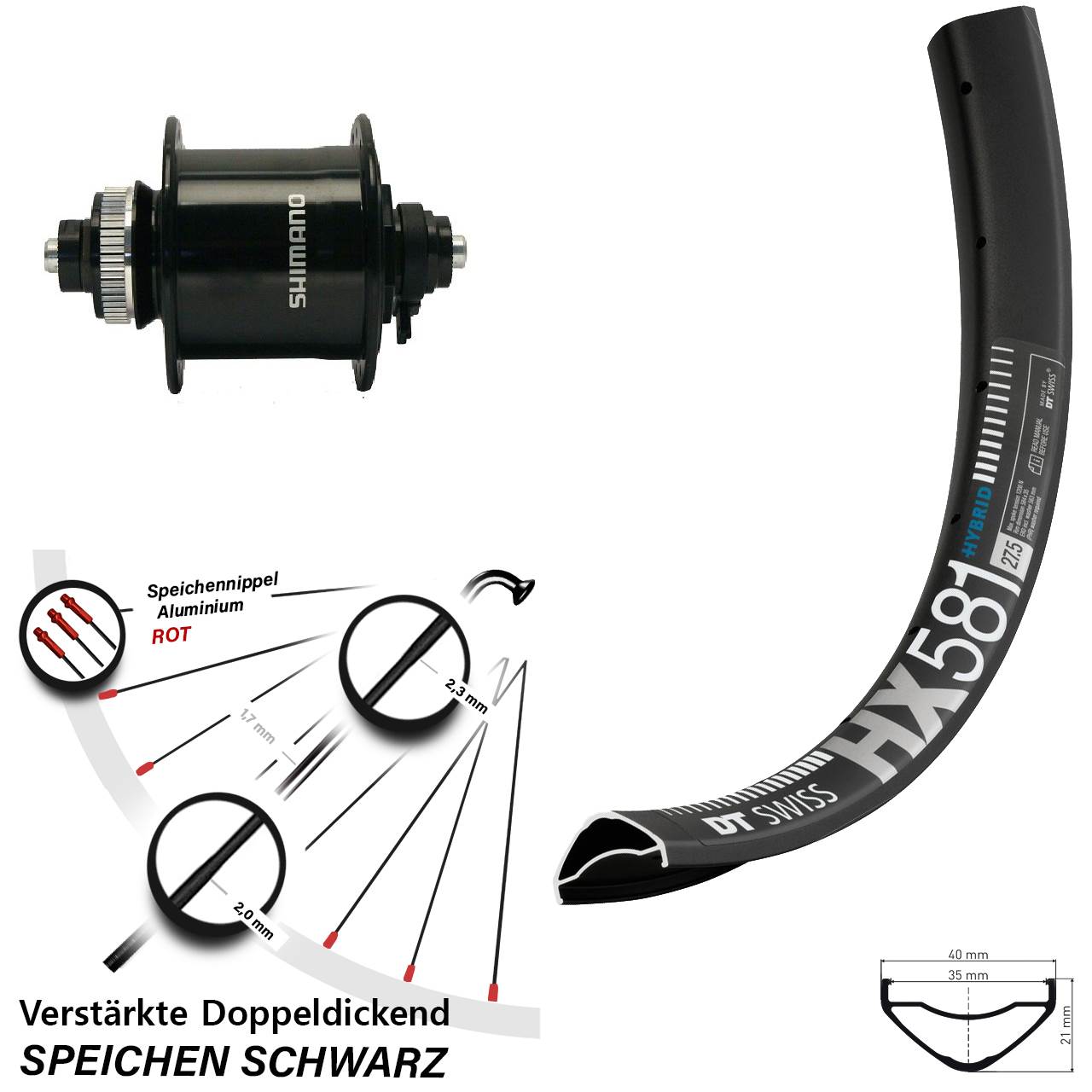 Nabendynamo-Vorderrad Disc27,5 Zoll DT Swiss HX581 Shimano DH-UR700 QR