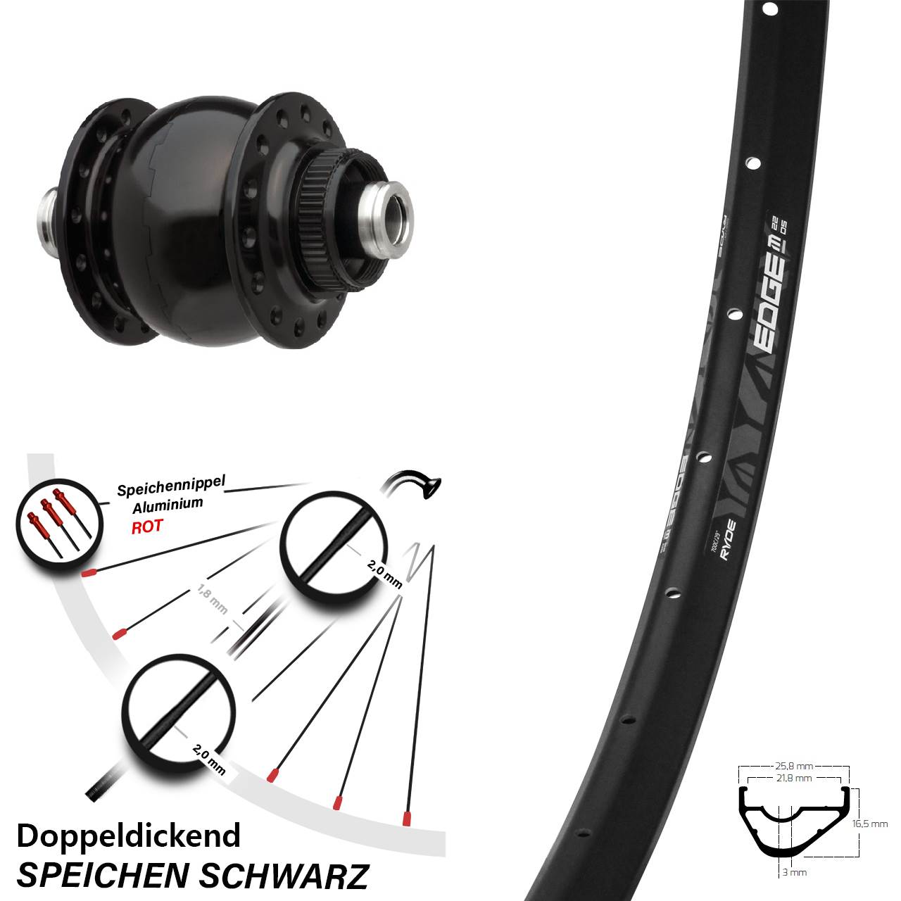 29 Zoll Ryde Edge M22 SONdelux Dynamo-Vorderrad Centerlock 12x100