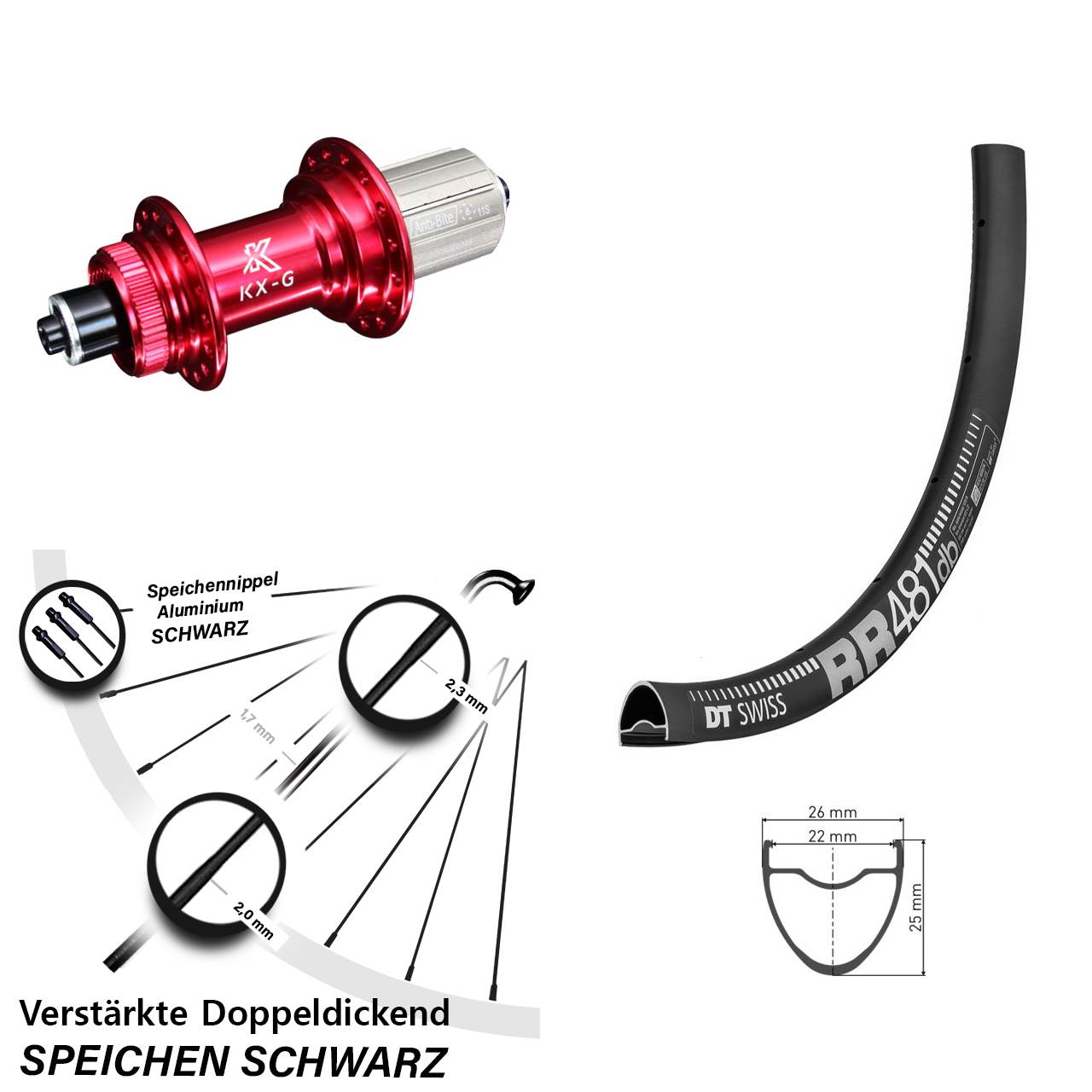 28 Zoll Hinterrad DT Swiss RR 481 DB Nabe KX-G rot-eloxiert 5x135 mm 8-12 fach verstärkt
