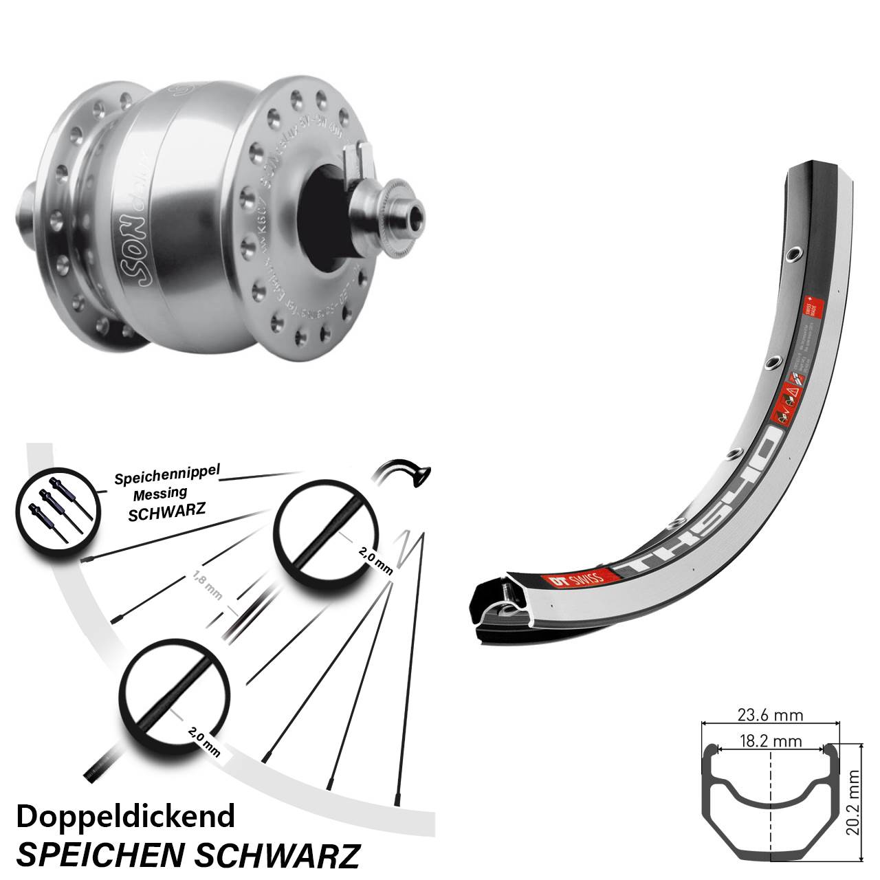 Nabendynamo-Vorderrad 28 Zoll DT Swiss TK540 SONdelux QR
