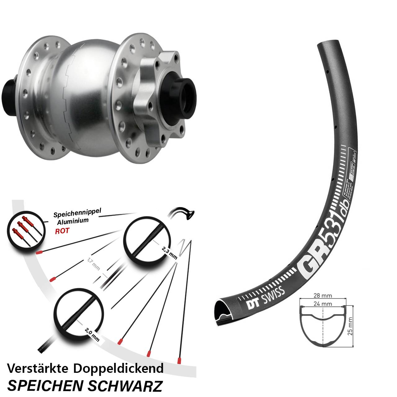Disc Laufrad mit Nabendynamo 27,5 Zoll DT Swiss GR 531 SON 28 15x110 Boost