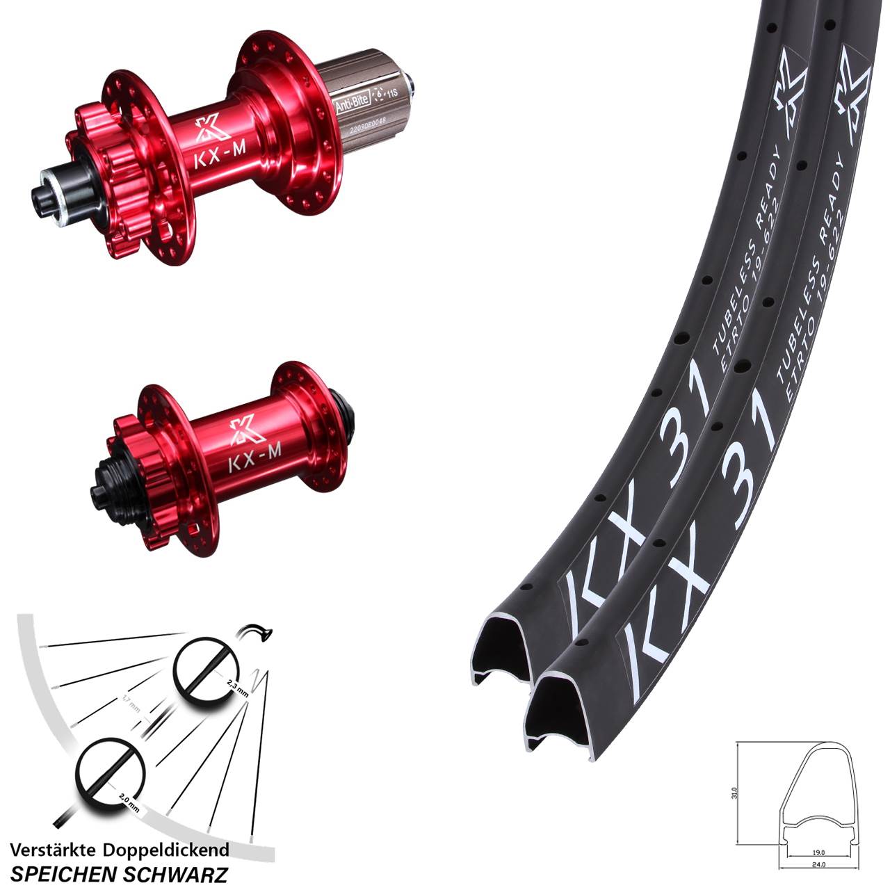 6-Loch Laufradsatz 28 Zoll KX-M 31 rot 8-12 fach HG für Schnellspanner