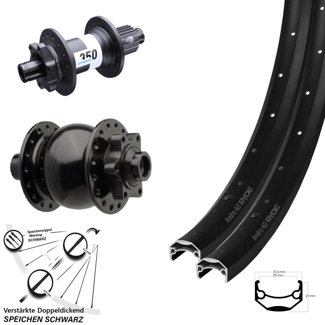 Disc Laufradsatz Boost 20/27,5 Zoll Ryde Andra 40 DT Swiss Hybrid 350 SON 28 Micro Spline