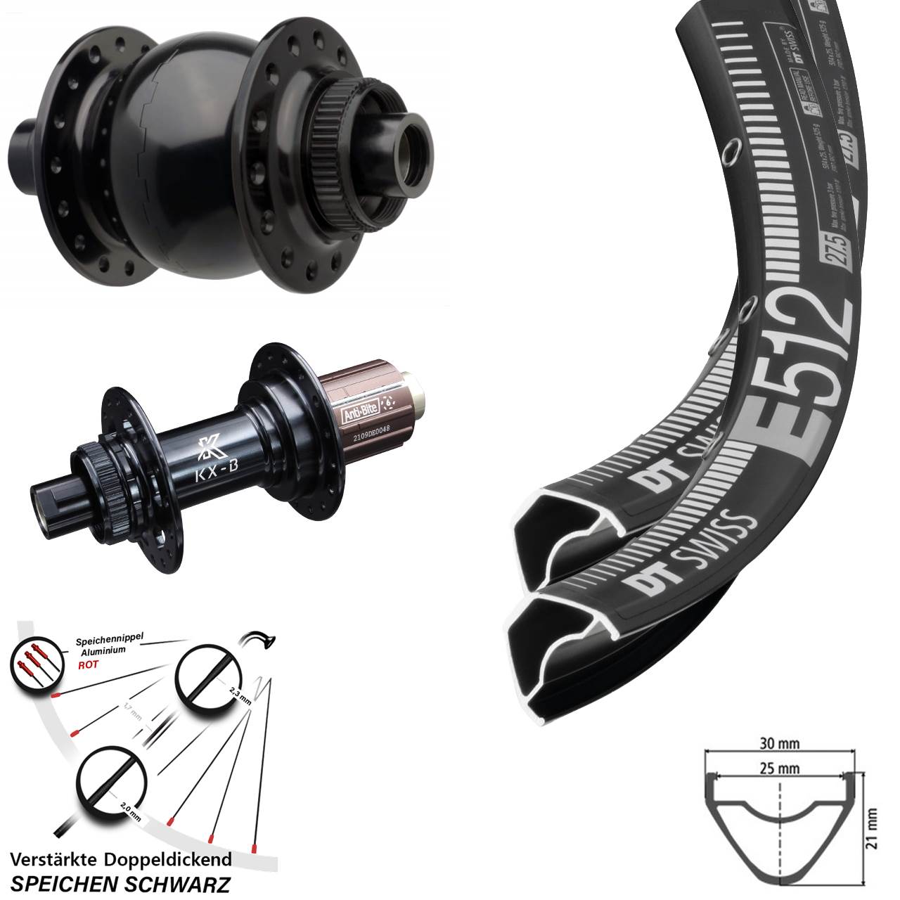 DT Swiss E512 KX-B SON 28 27,5 Zoll Laufradsatz Centerlock 15x110 12x148 8-12 fach HG