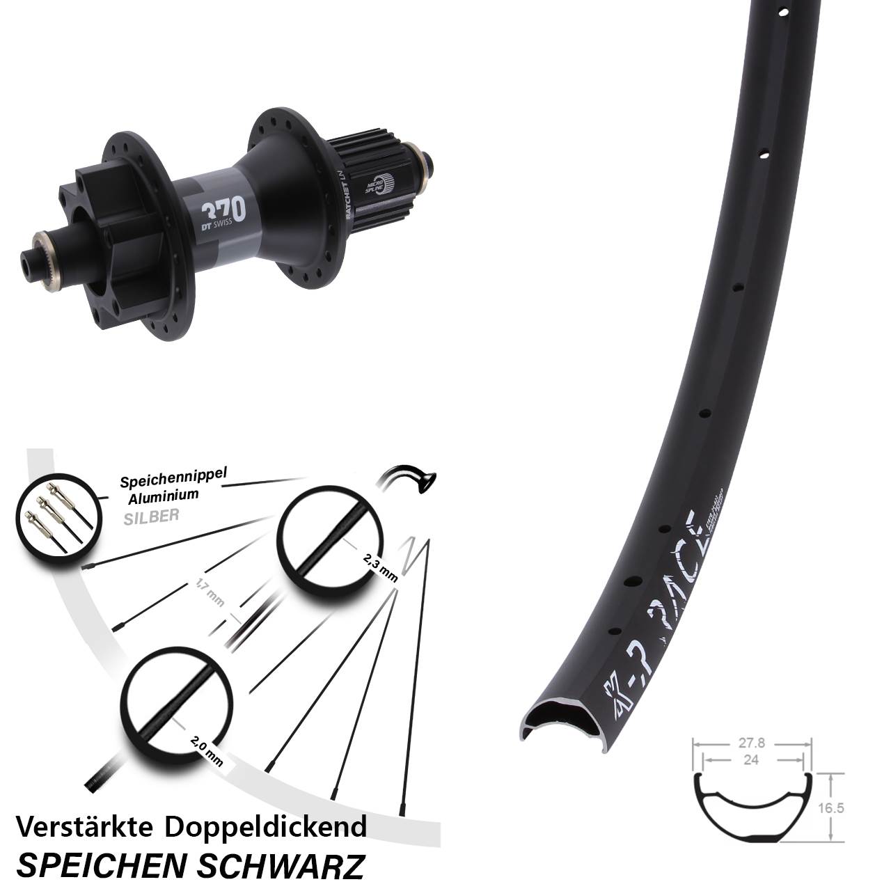 28-29 Zoll KX-R Race DT Swiss 370 Hinterrad 6-Loch für Schnellspanner Shimano Micro Spline