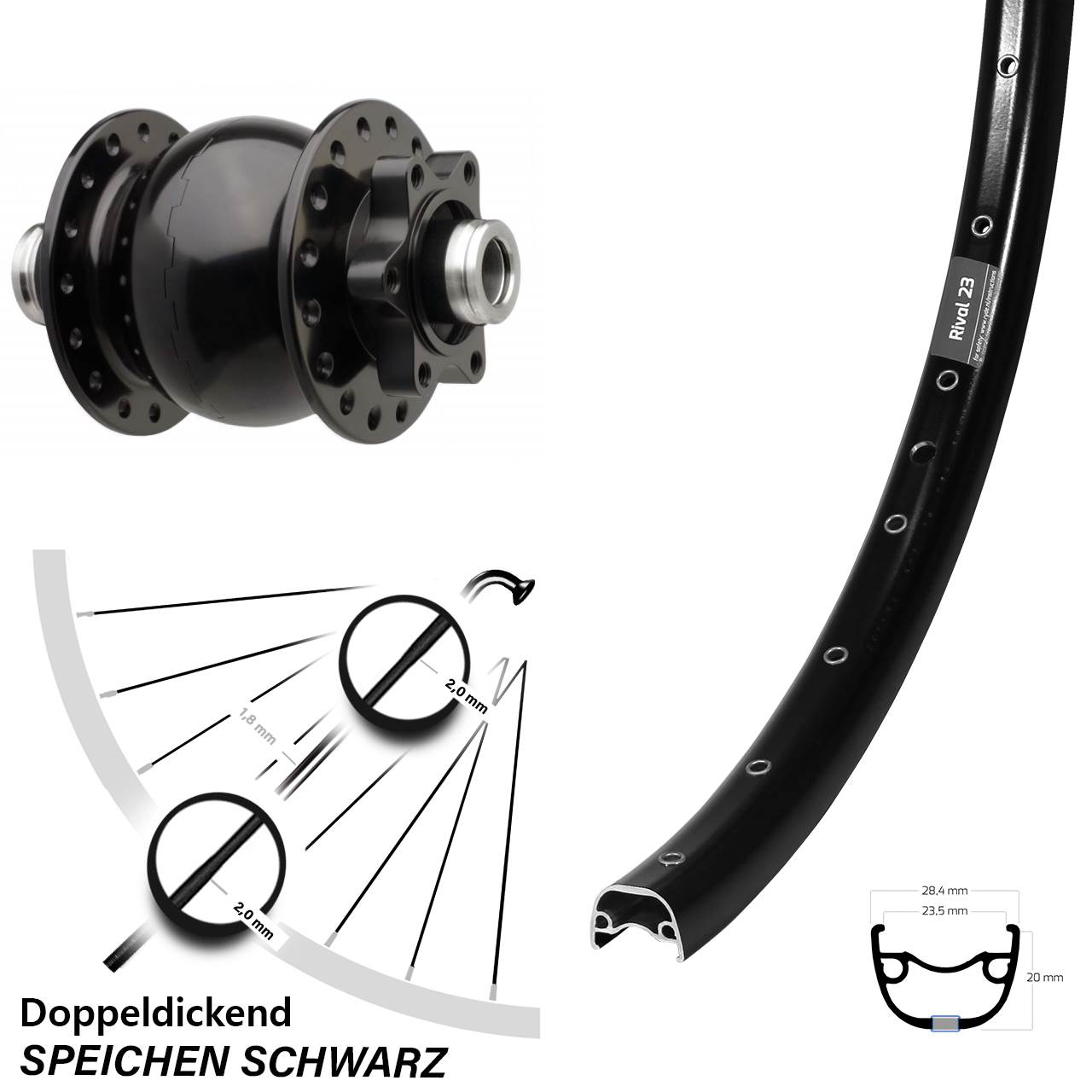 Laufrad 27,5 Zoll Ryde Rival 23 Disc schwarz SON 28-12x110 6-Loch