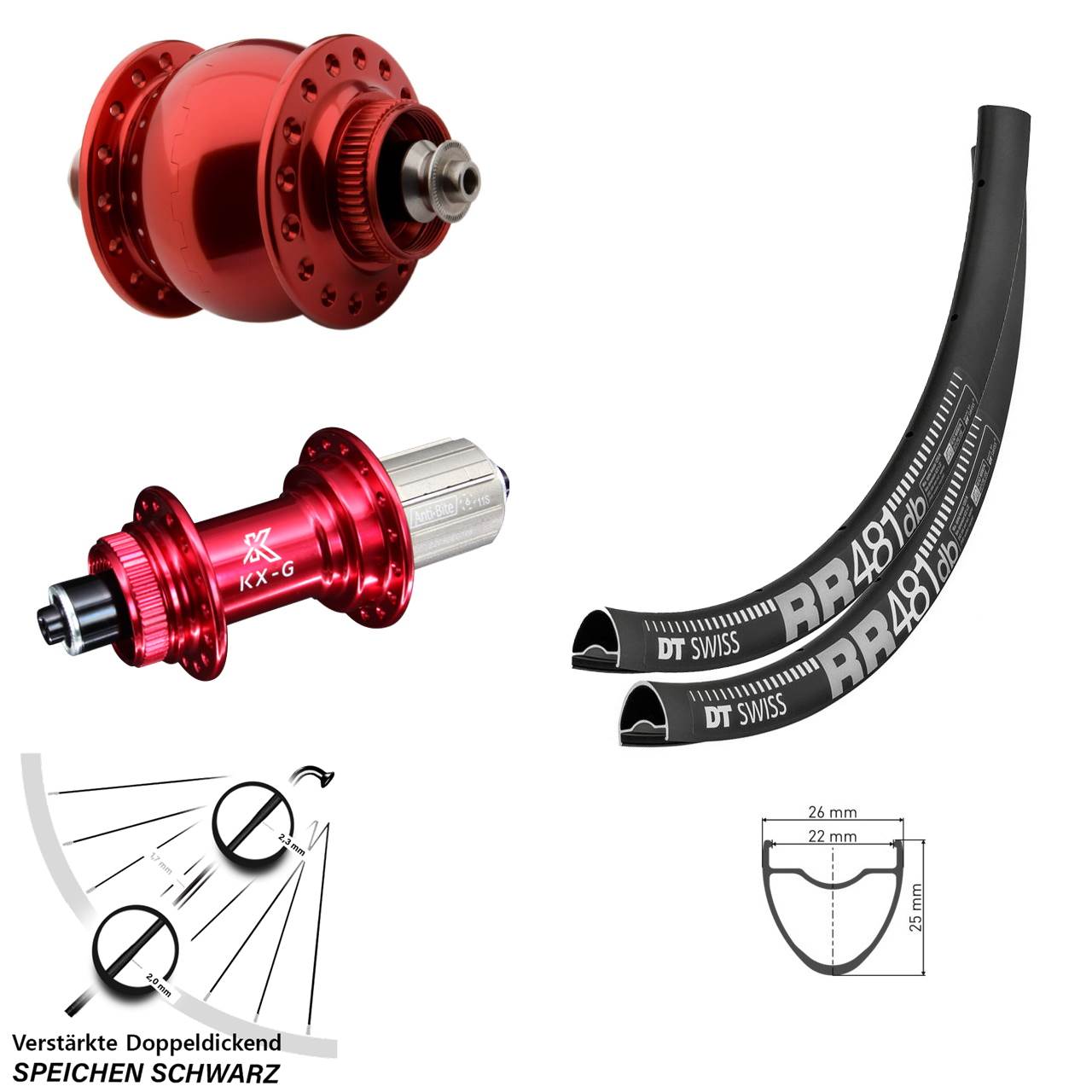 Disc Laufradsatz für Schnellspanner SON 28 Zoll DT Swiss RR481 KX-G rot 8-12 fach