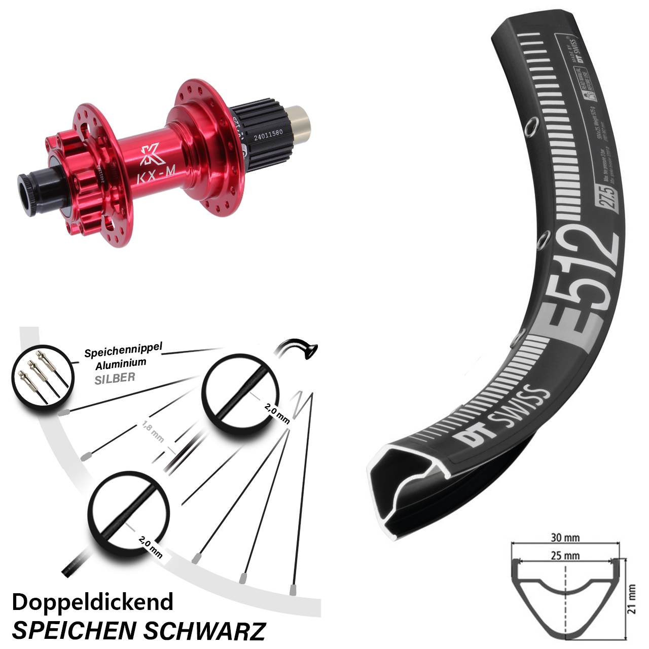 Hinterrad 29 Zoll DT Swiss E 512 KX-M rot Micro Spline 12x142