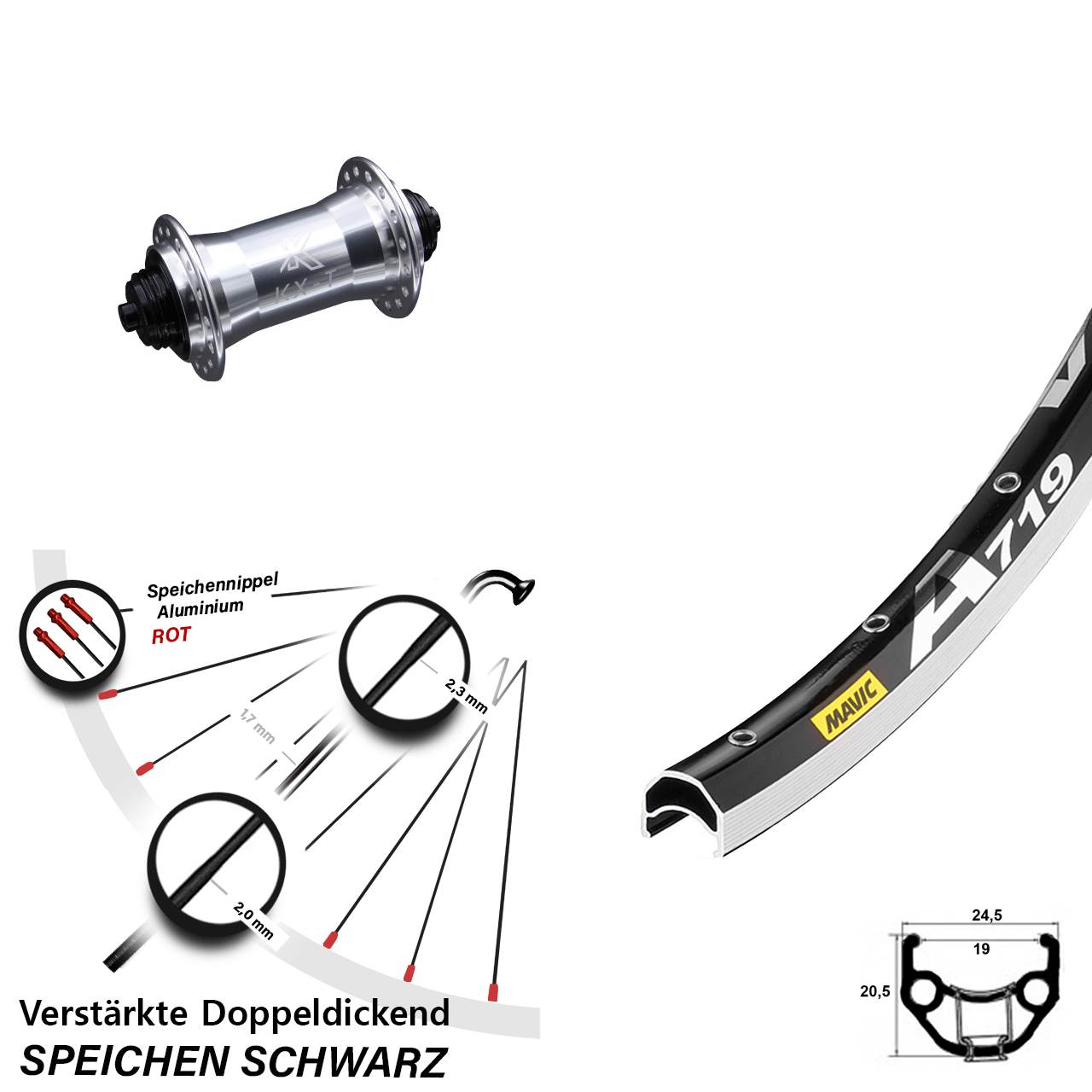 28 Zoll Mavic A719 KX-T verstärkt Laufrad QR