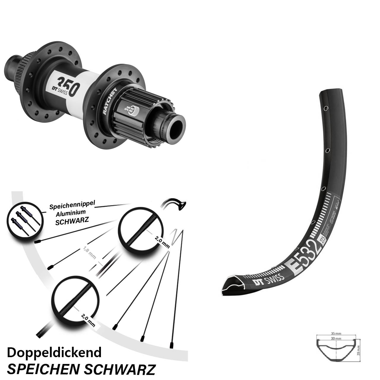 DT Swiss E 532 Hinterrad 27,5 Zoll mit 350 Hinterradnabe Centerlock Micro Spline