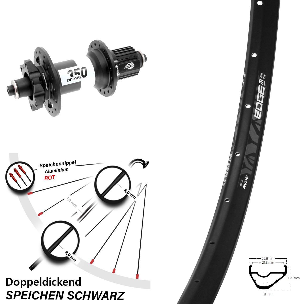 Ryde Edge M22 OS DT Swiss 350 28 Zoll Disc Laufrad QR Boost Micro Spline