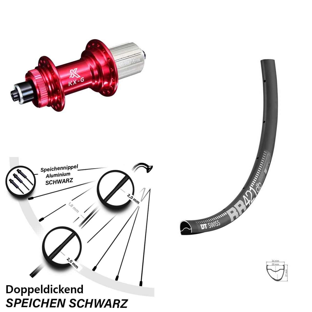 DT Swiss RR 421 DB Hinterrad 28 Zoll mit KX-G 8-12 fach Nabe rot-eloxiert Schnellspanner