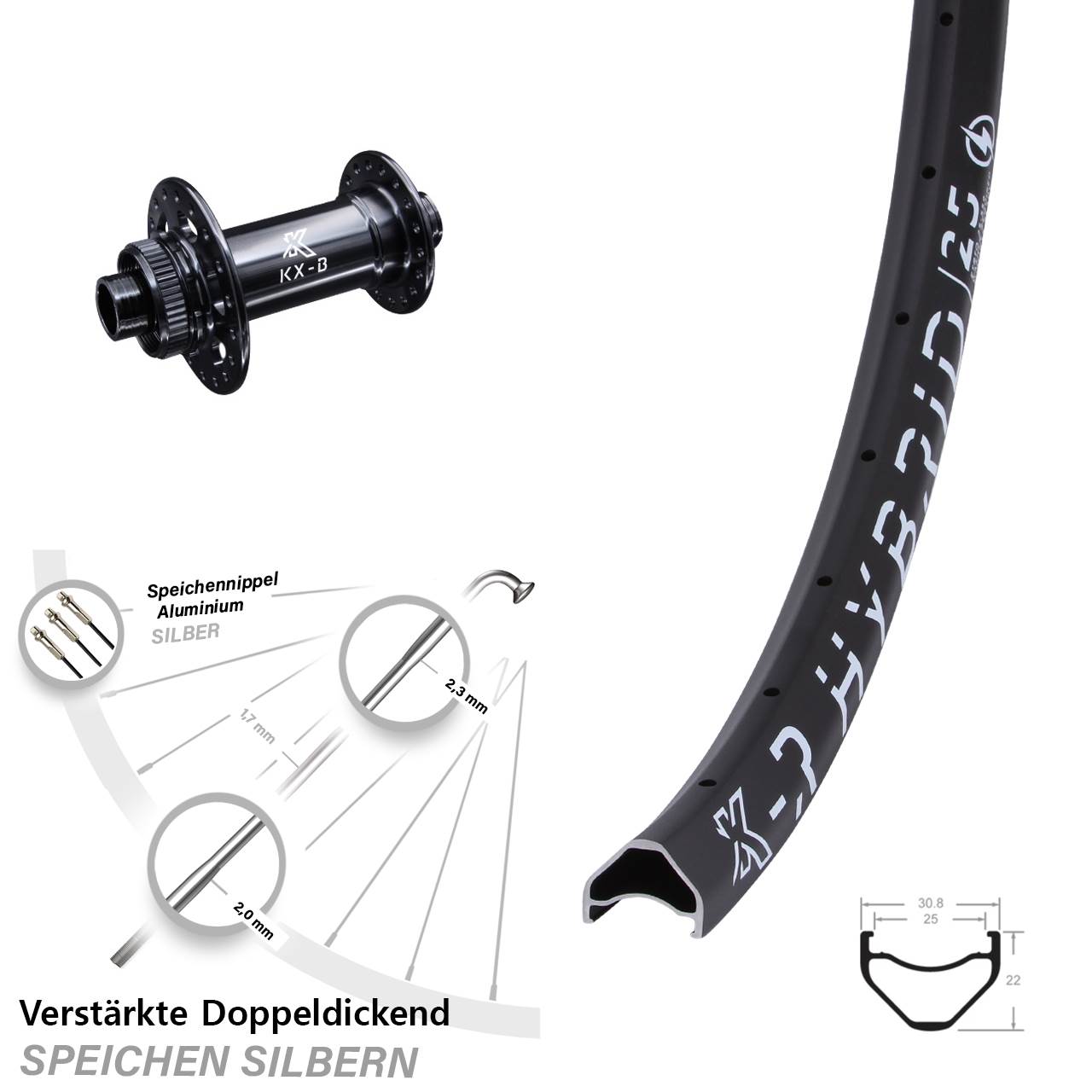 Vorderrad 29 Zoll Boost 15x110 mm KX-BR Hybrid 25 verstärkt Centerlock