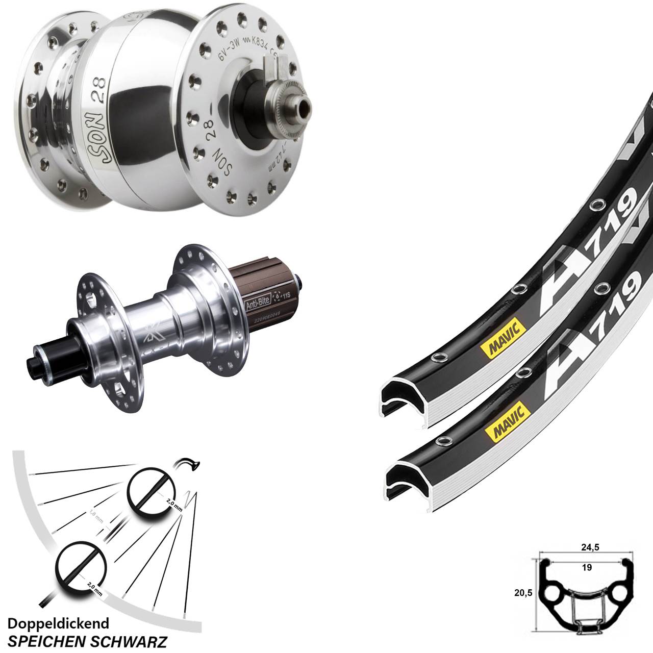 Laufradsatz QR SON 28 Zoll Mavic A 719 KX-T 8-12 fach