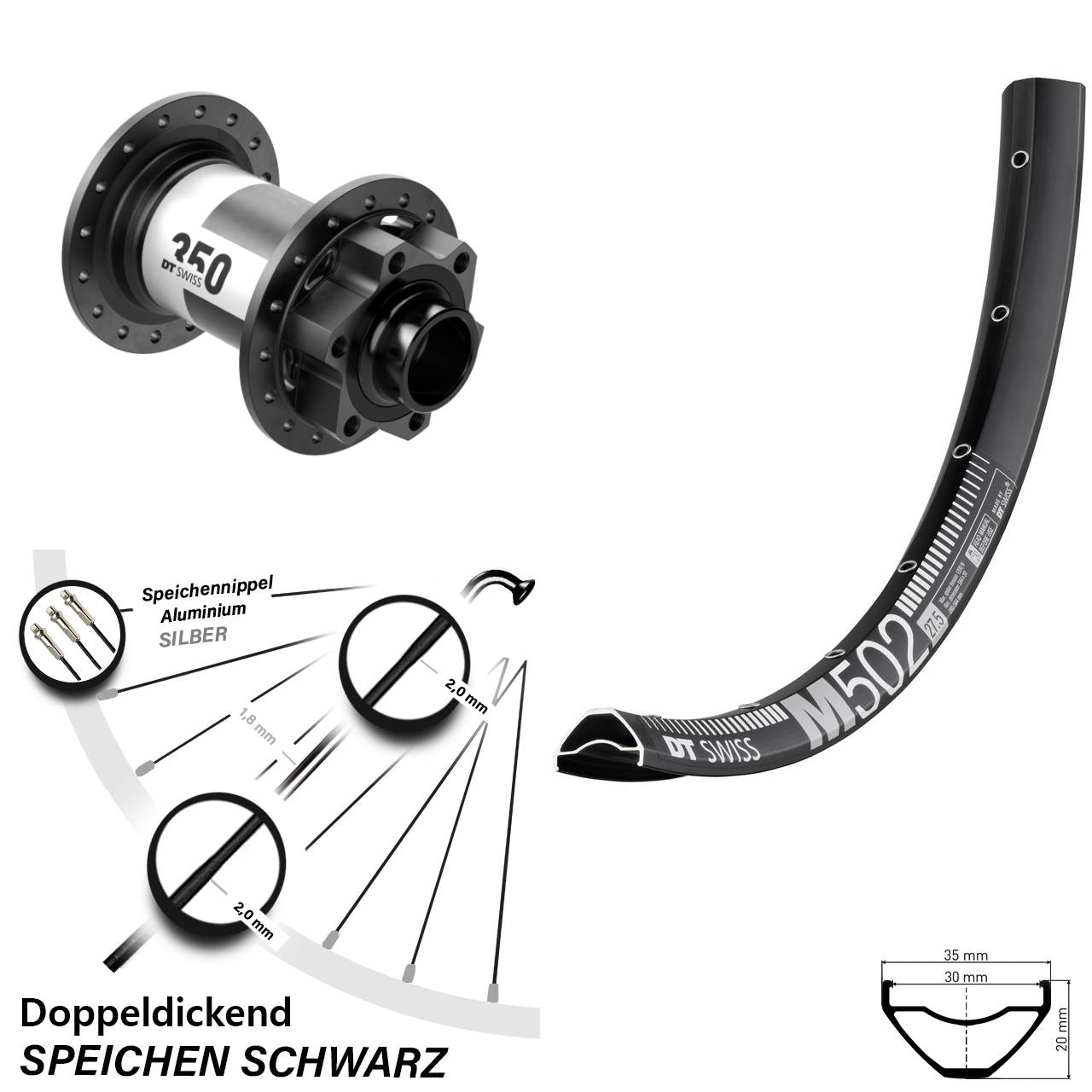 27,5 Zoll DT Swiss M 502 350 6-Loch Vorderrad 20x110 Boost