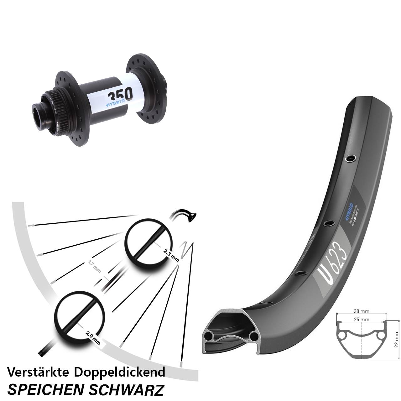 28-29 Zoll DT Swiss U 623-350 Hybrid Centerlock Vorderrad 15x110 Boost