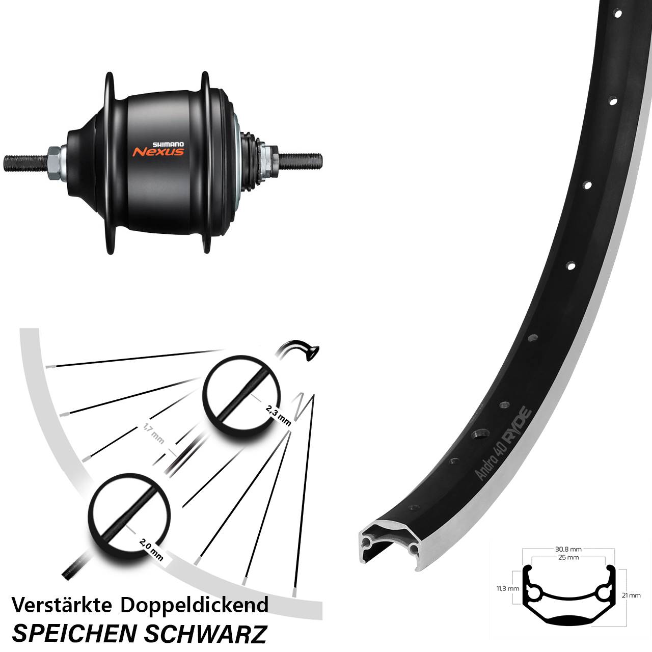 Hinterrad 20 Zoll Ryde Andra 40 Shimano Nexus 8 Gang Freilauf schwarz