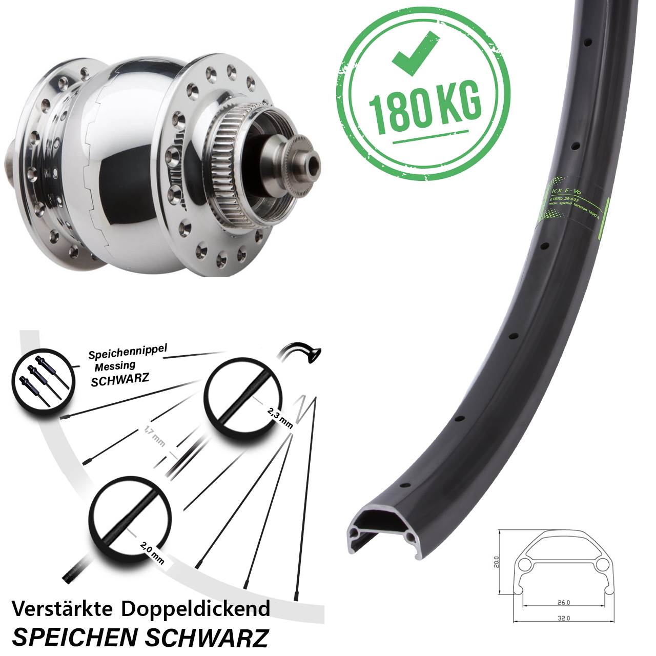 Disc Nabendynamo-Laufrad 26 Zoll KX Evo SON 28 poliert für Schnellspanner