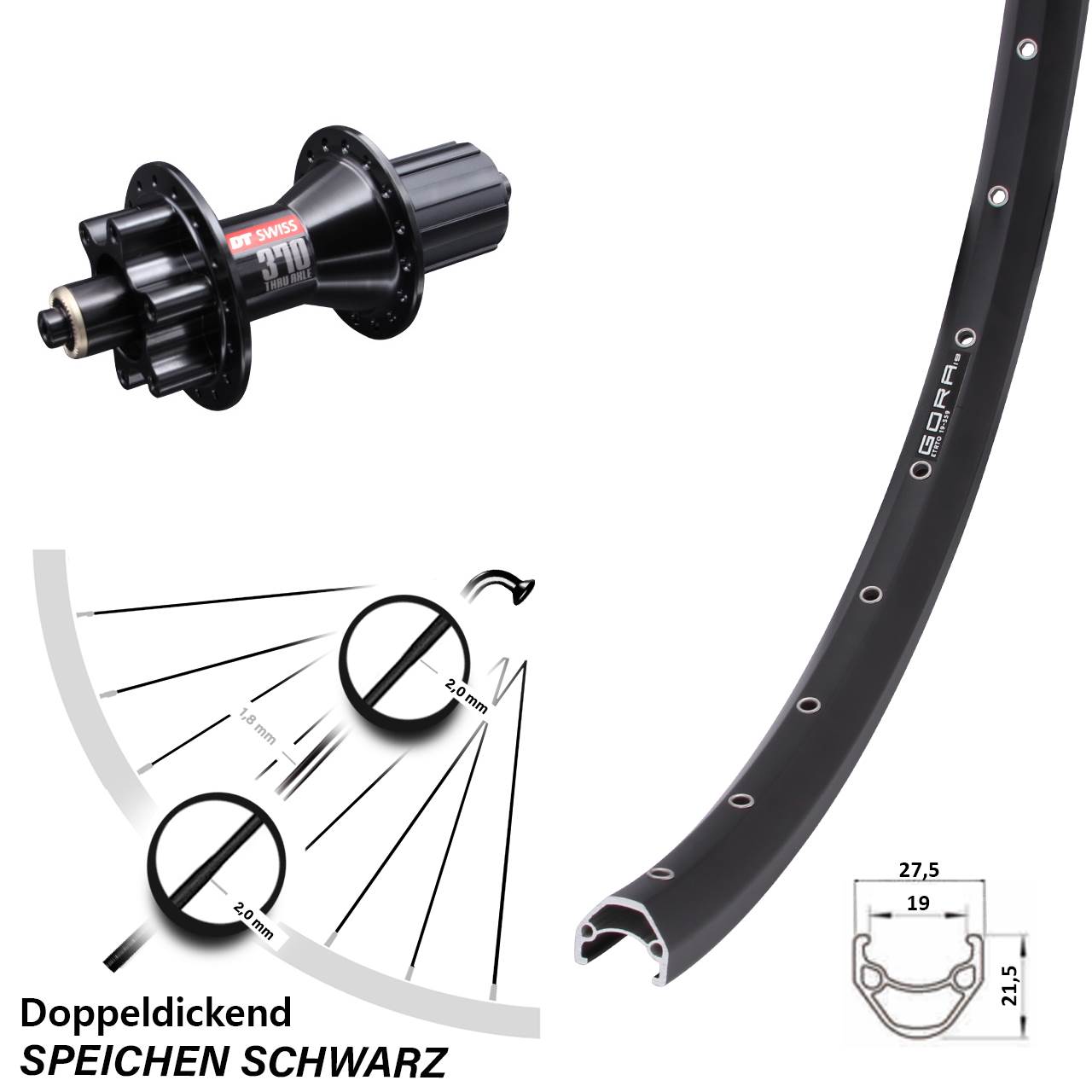 Gora 19 DT Swiss 370 Hybrid 28 Zoll Hinterrad 6-Loch 8-11 fach QR