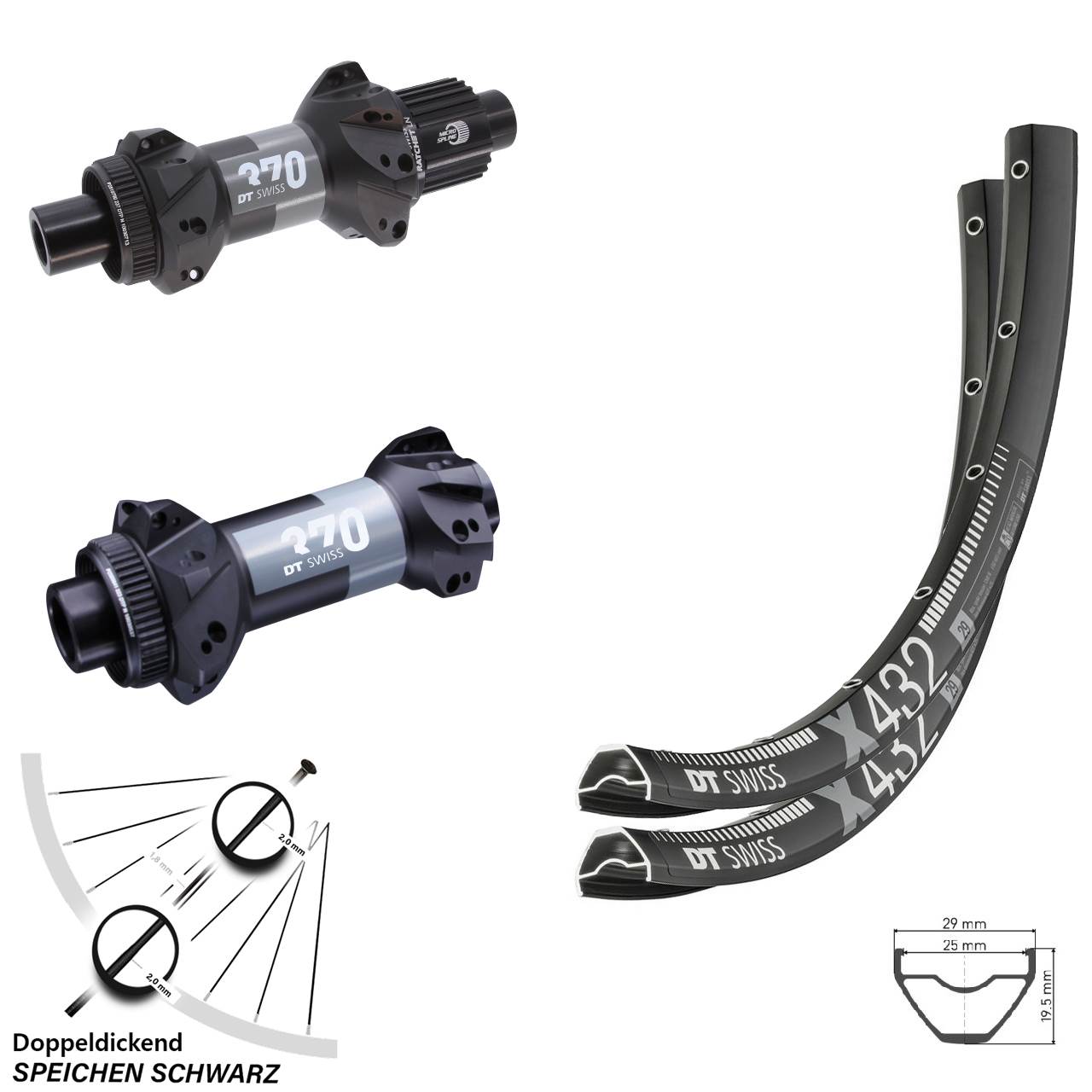DT Swiss X432 370 Straightpull 29 Zoll Laufradsatz Centerlock 15x110 12x148 Micro Spline