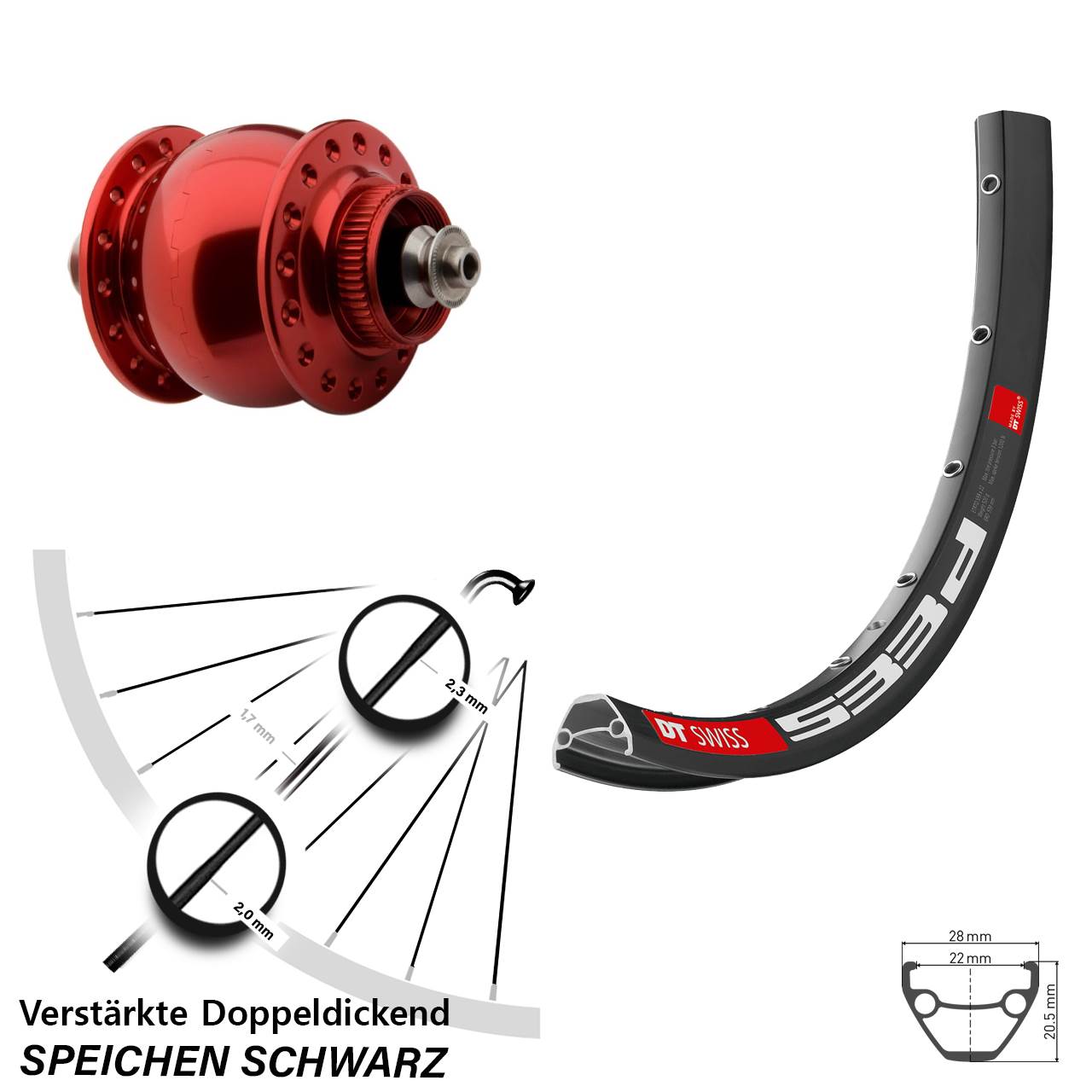 SONdelux rot DT Swiss 533 D 26 Zoll Disc Vorderrad mit Nabendynamo für Schnellspanner