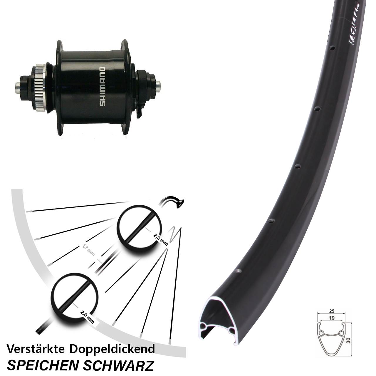 Gora Plus Shimano DH-UR700-3D 28 Zoll Disc Laufrad mit Nabendynamo QR