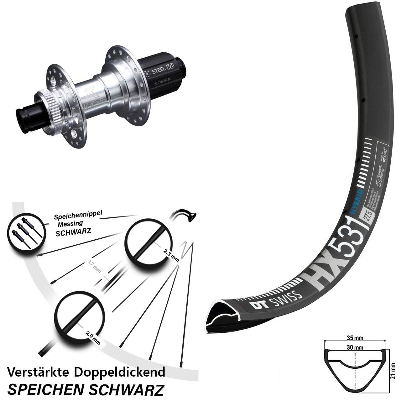 Disc Hinterrad 29 Zoll DT Swiss HX531 KX-E Stahlachse 8-12 fach 12x142