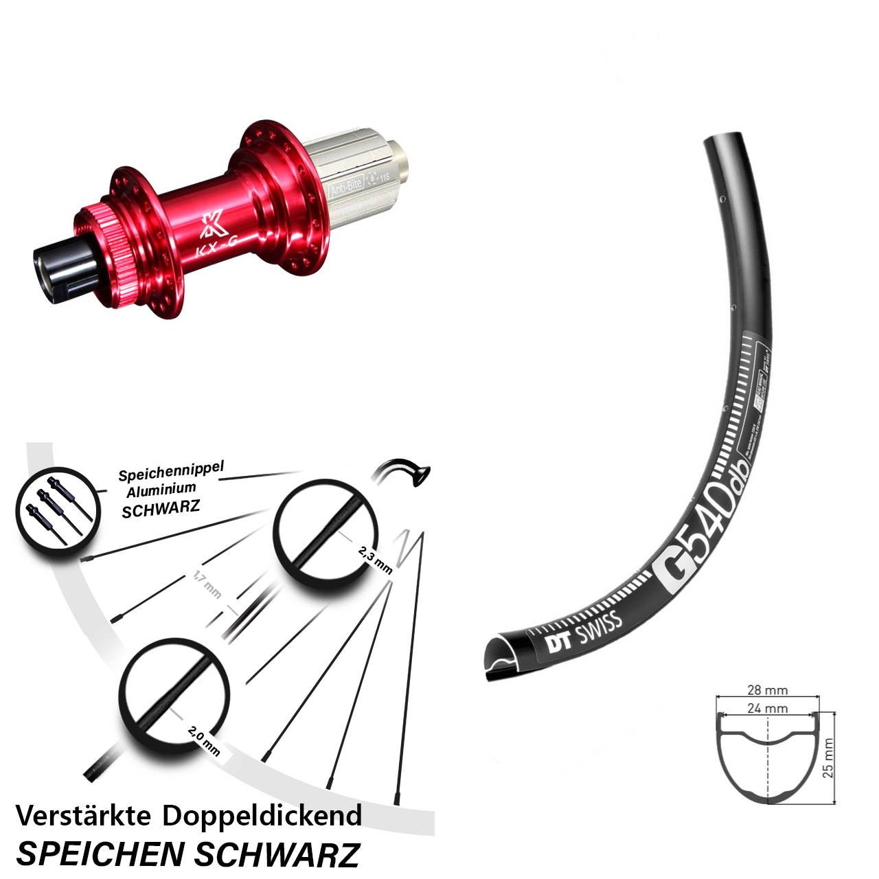 verstärktes Gravel Hinterrad 28-29 Zoll Nabe KX-G rot 12x142 mm 8-12 fach DT Swiss G 540