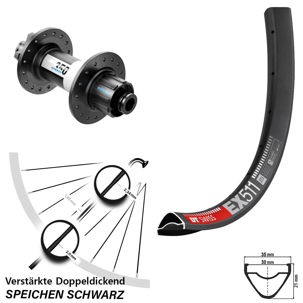 DT Swiss EX511-350 Hybrid 29 Zoll 6-Loch Hinterrad 12x142 Singlespeed