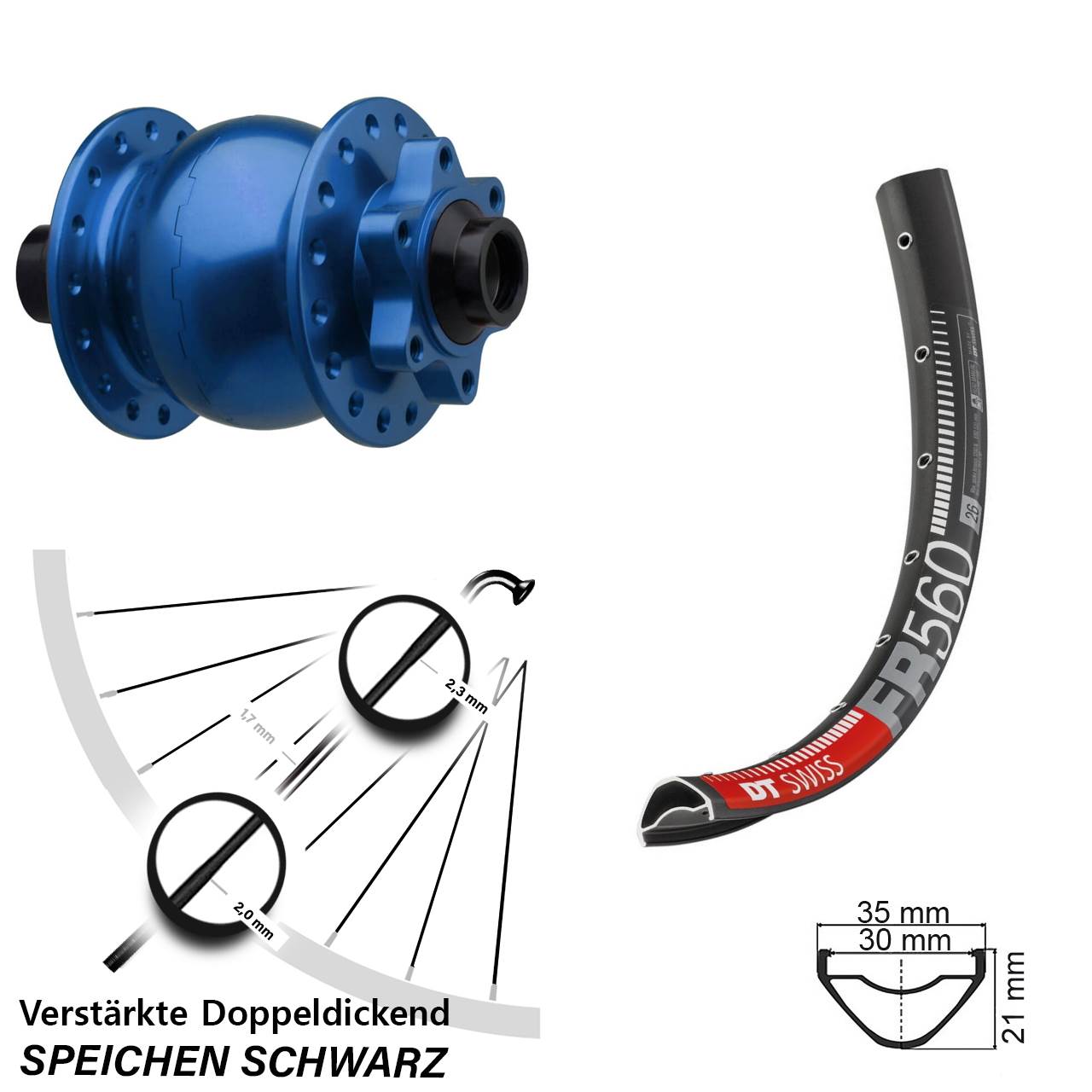 SON 28 blau DT Swiss FR560 26 Zoll Vorderrad mit Nabendynamo 6-Loch 15x110 Boost